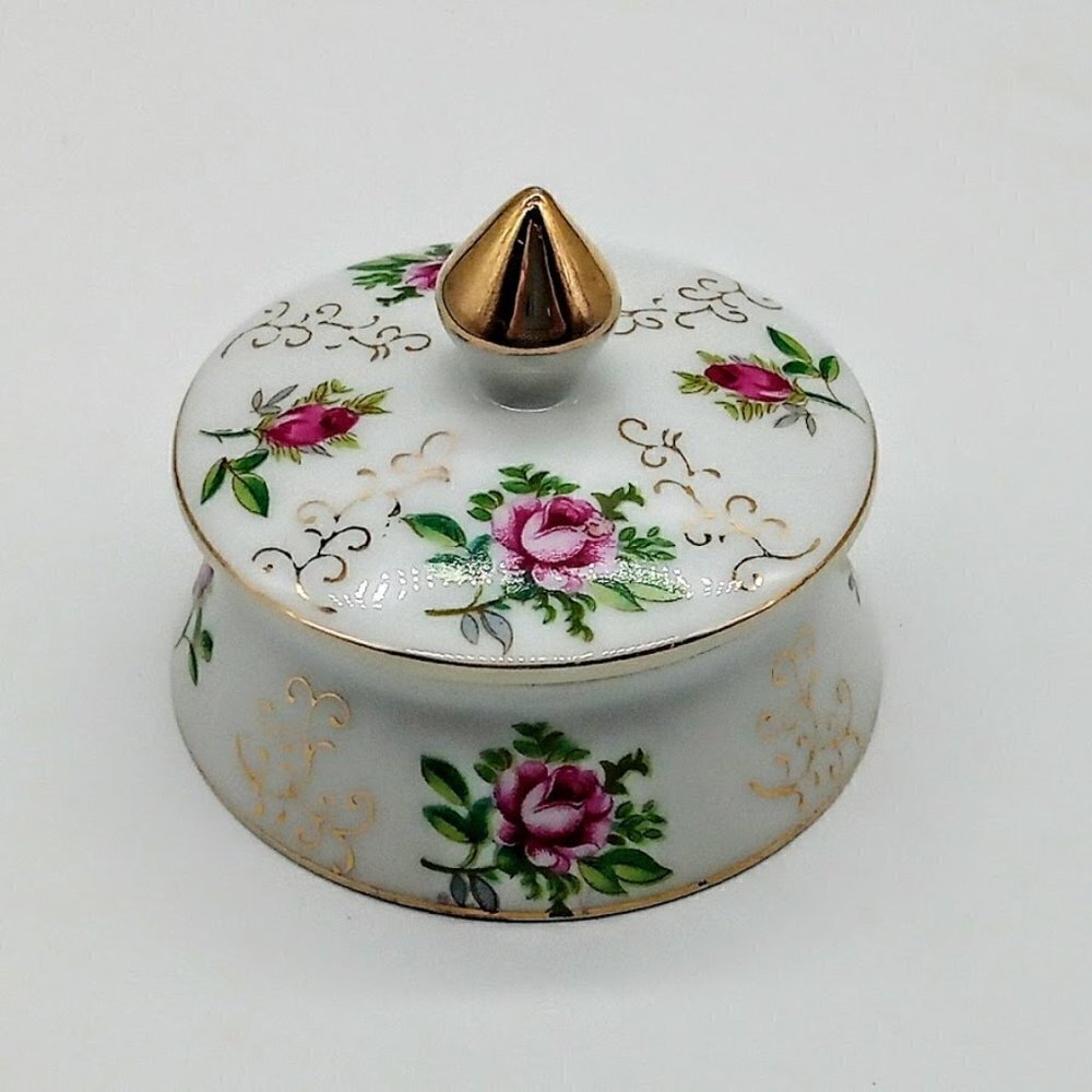 Hand-Painted I. W. Rice & Co. Floral Porcelain Round Trinket Box